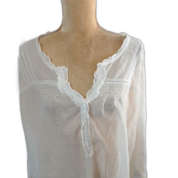 DKNY Jeans White Peasant Blouse 22/24W 100% Cotton Pintuck Ruffle Boho Top 31” - Picture 4 of 6